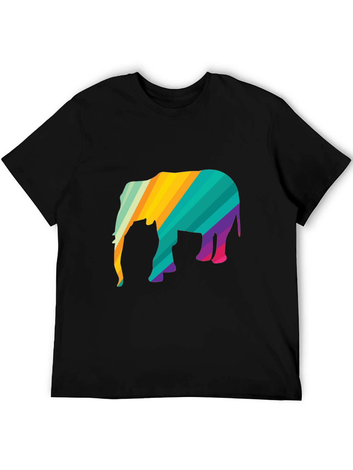 Vibrant Striped Elephant Graphic Black T-Shirt