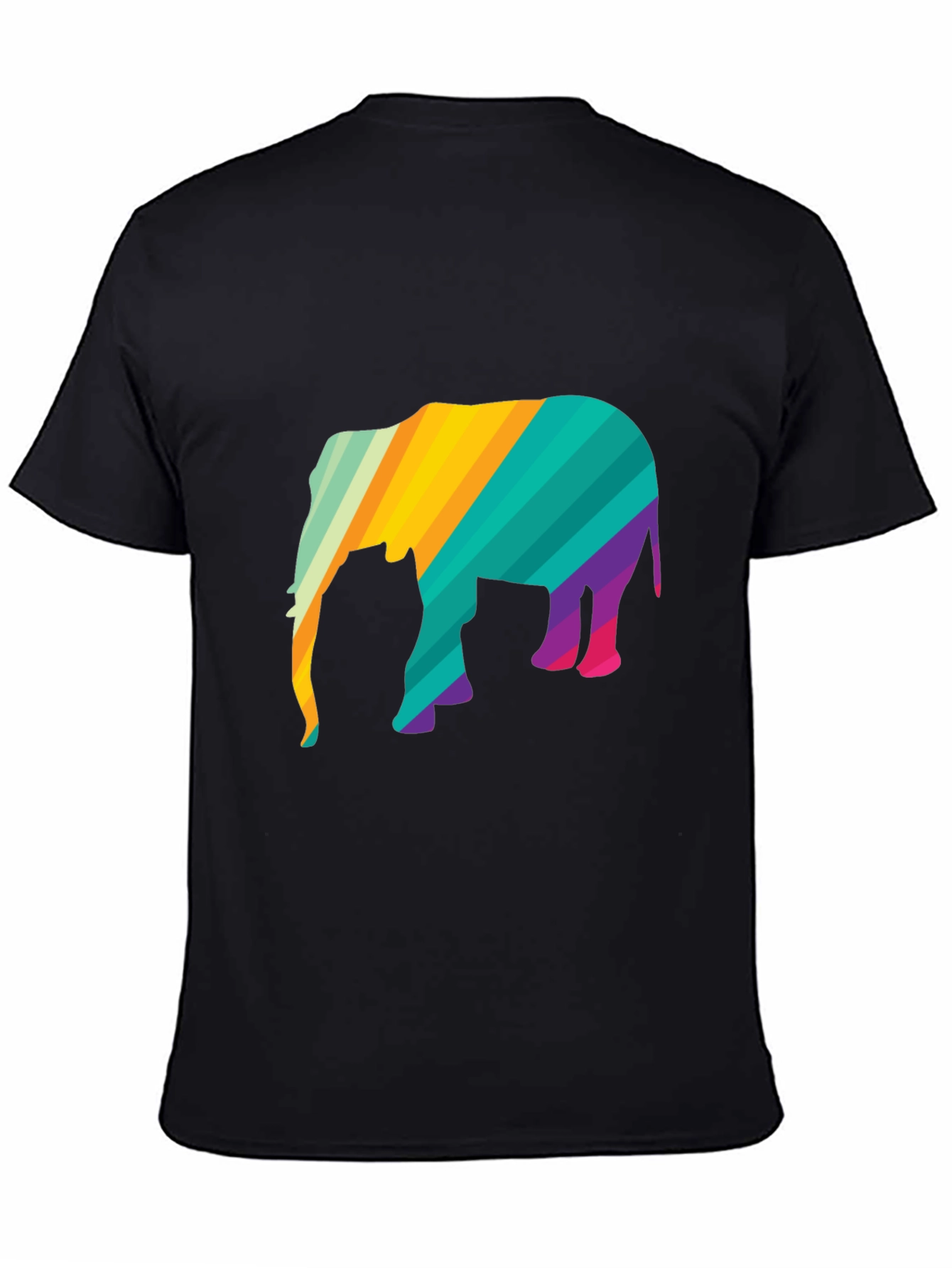 Vibrant Striped Elephant Graphic Black T-Shirt