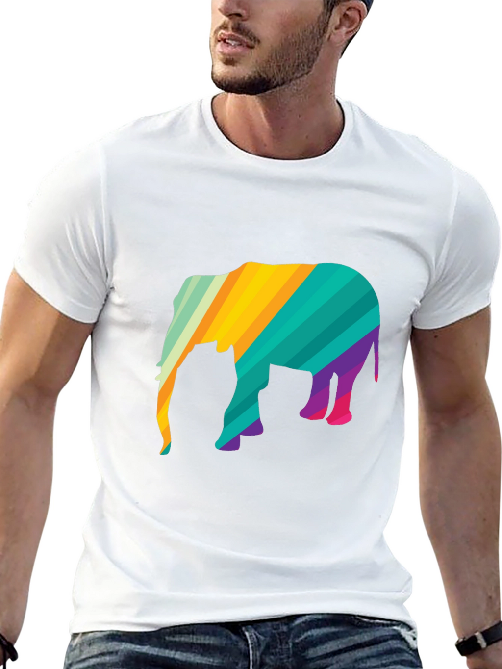 Vibrant Striped Elephant Graphic Black T-Shirt