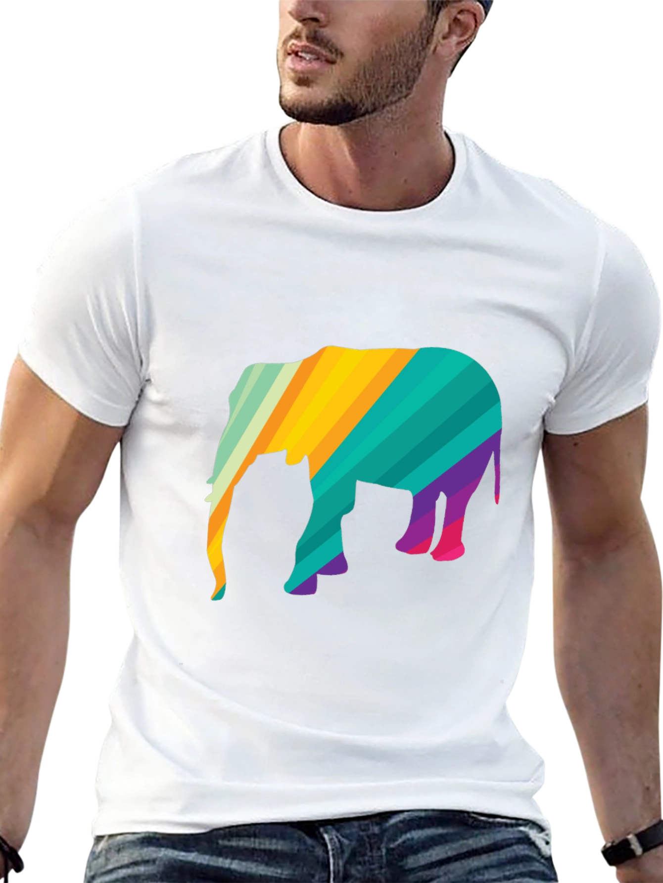 Vibrant Striped Elephant Graphic Black T-Shirt