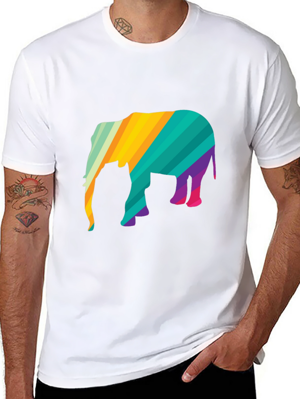 Vibrant Striped Elephant Graphic Black T-Shirt