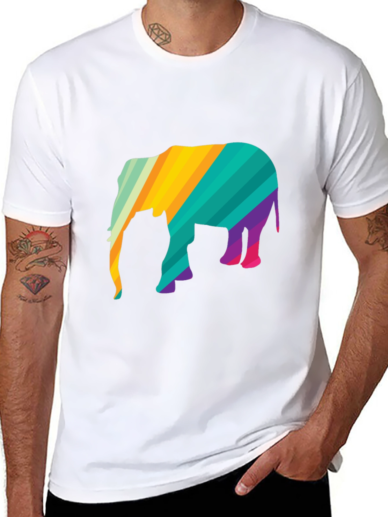Vibrant Striped Elephant Graphic Black T-Shirt