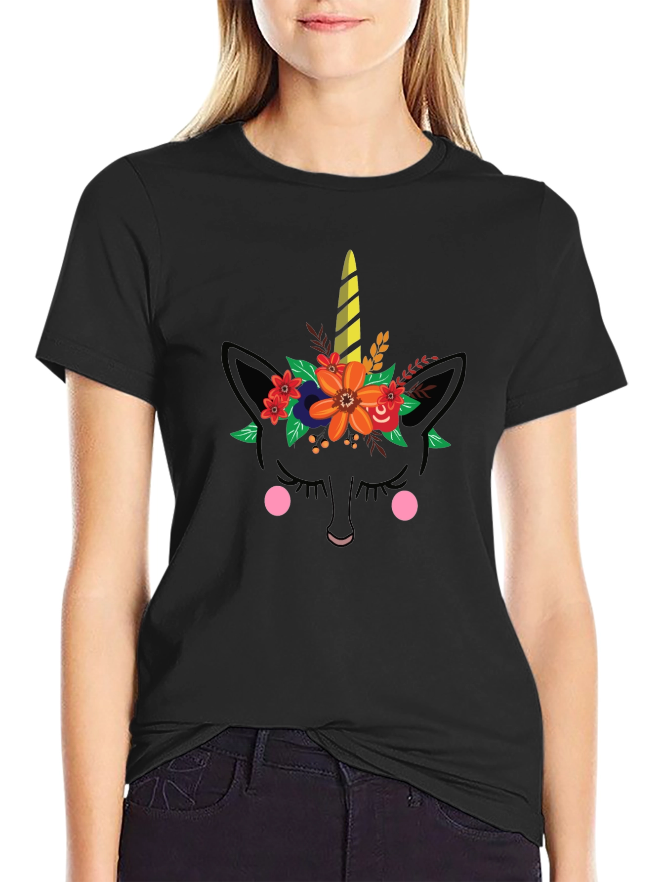 Unicorn Floral Graphic T-Shirt - Black