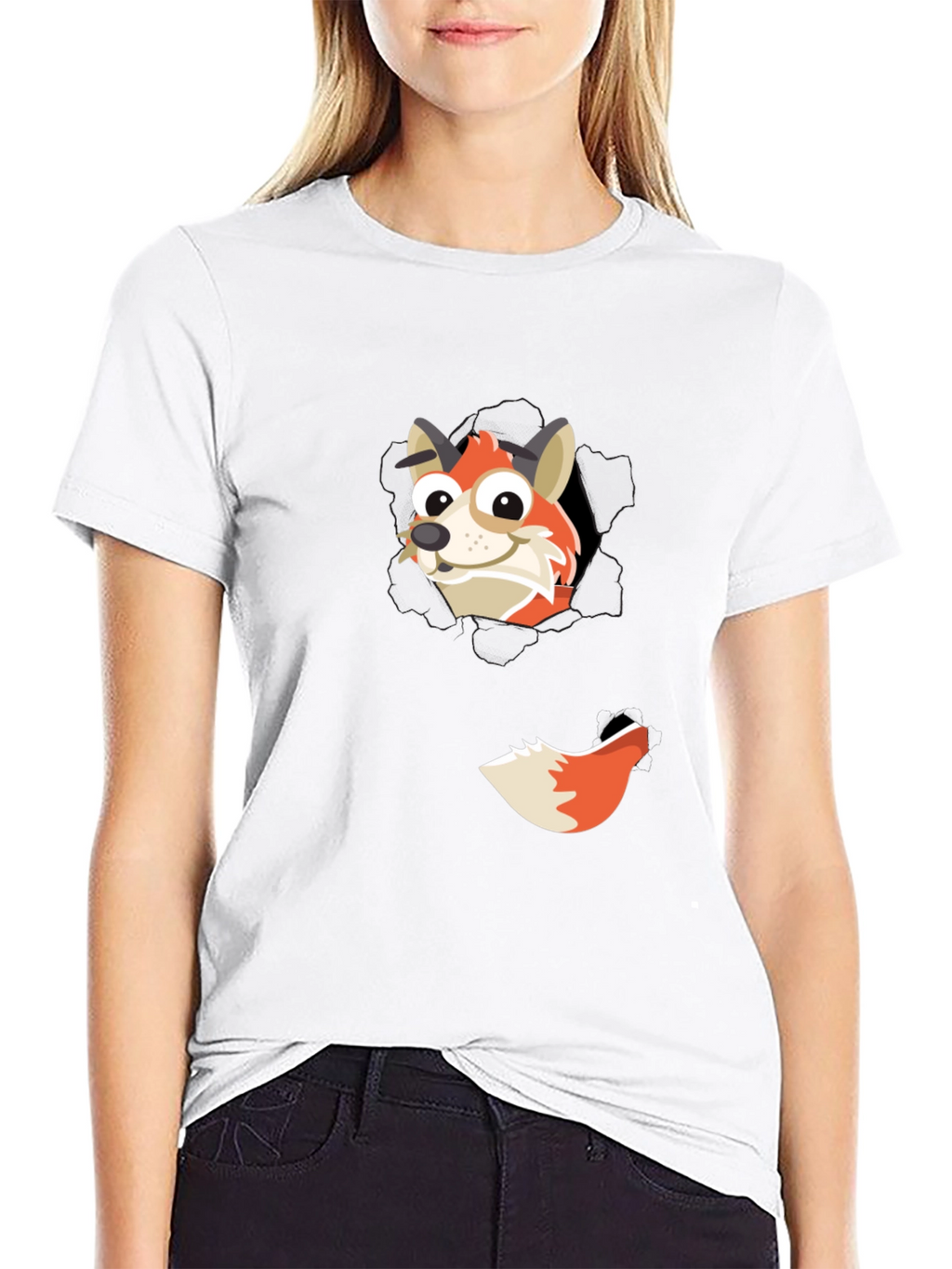Fox Peeking Out Black T-Shirt