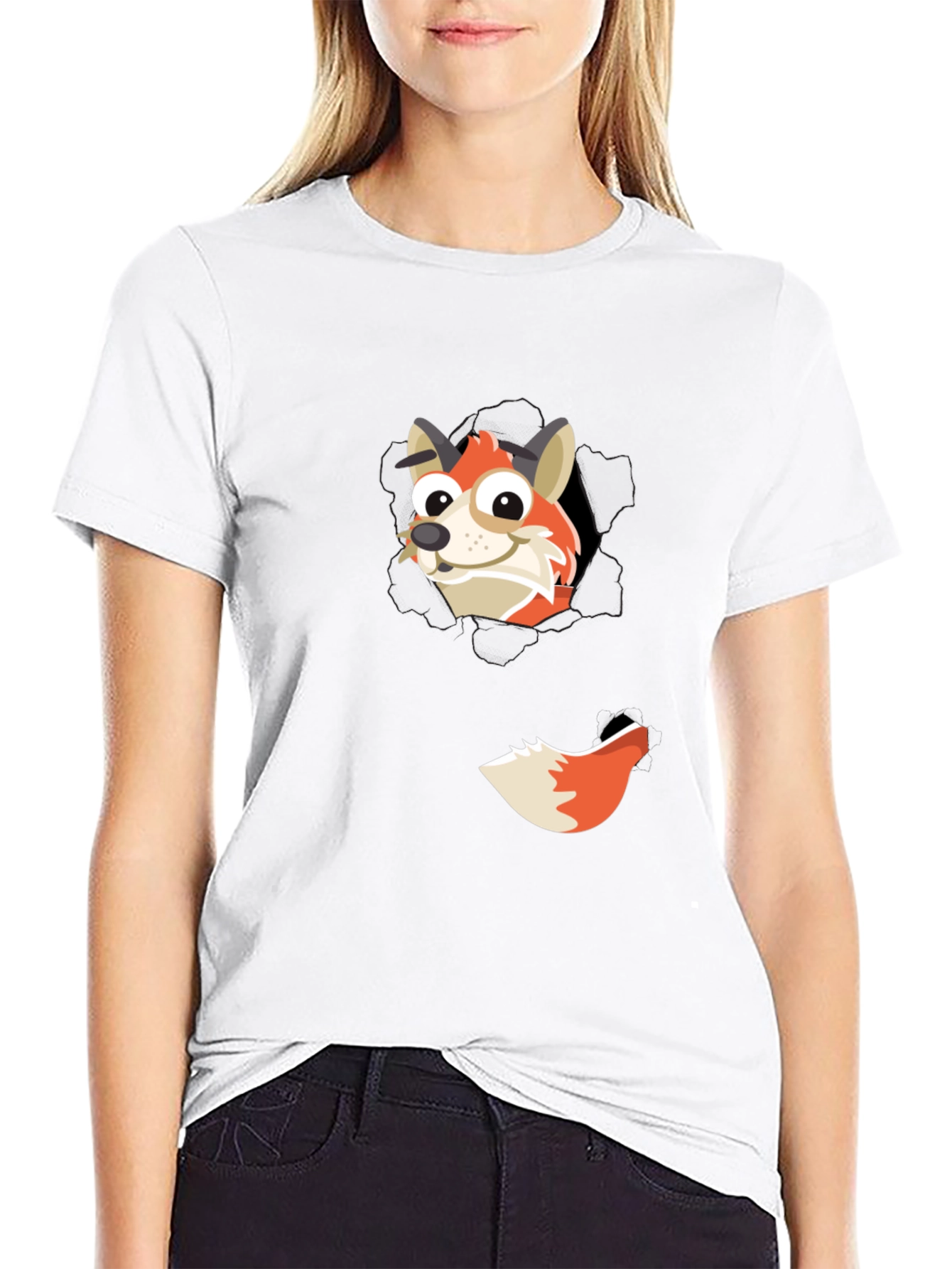 Fox Peeking Out Black T-Shirt