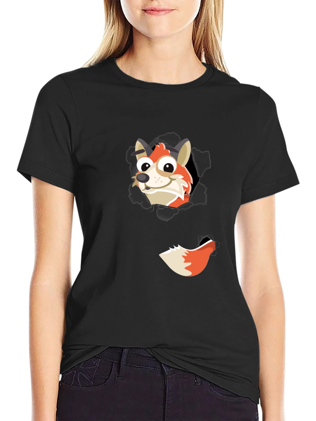 Fox Peeking Out Black T-Shirt