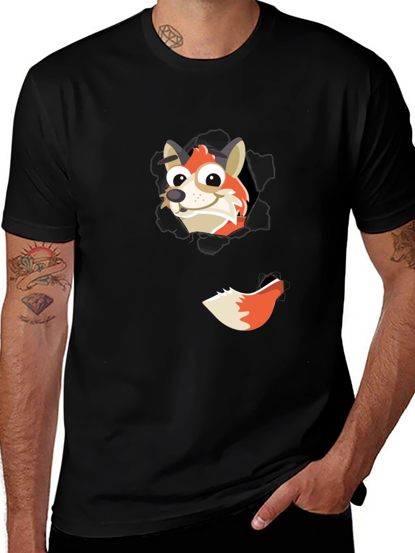Fox Peeking Out Black T-Shirt