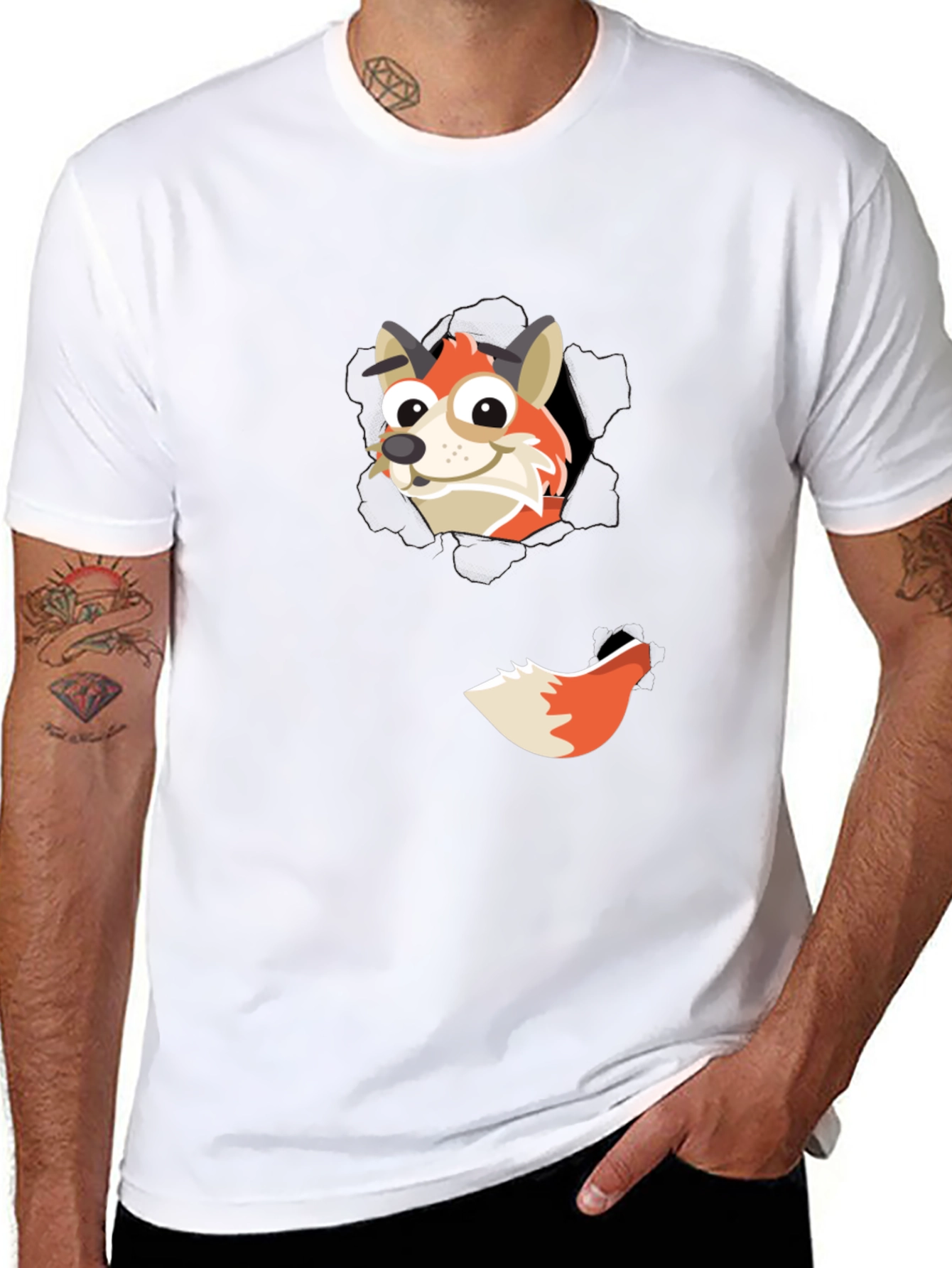 Fox Peeking Out Black T-Shirt