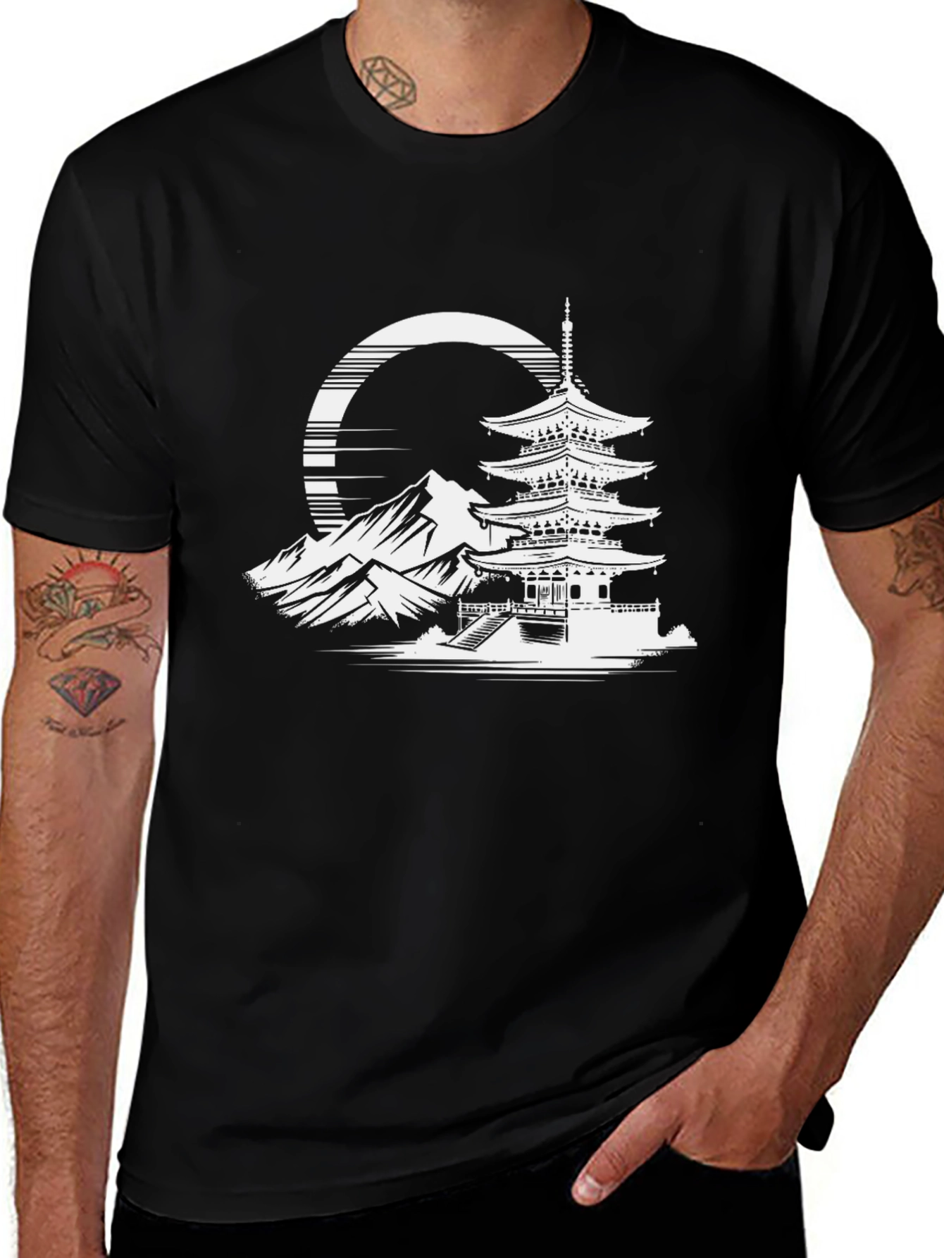 Japanese Pagoda Graphic Tee - Stylish Black T-Shirt