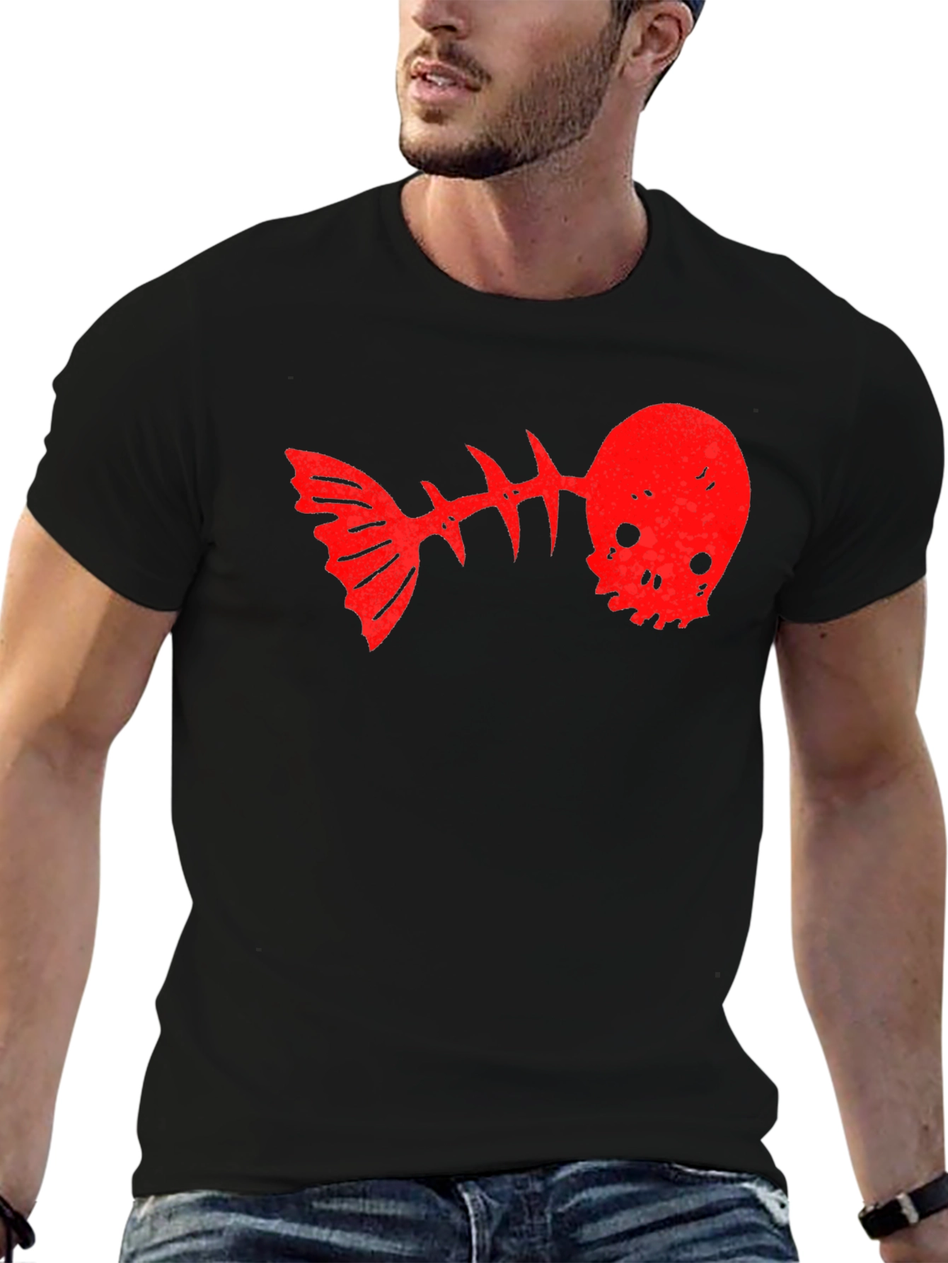 Skull Fishbone Graphic Tee - Black Casual T-Shirt