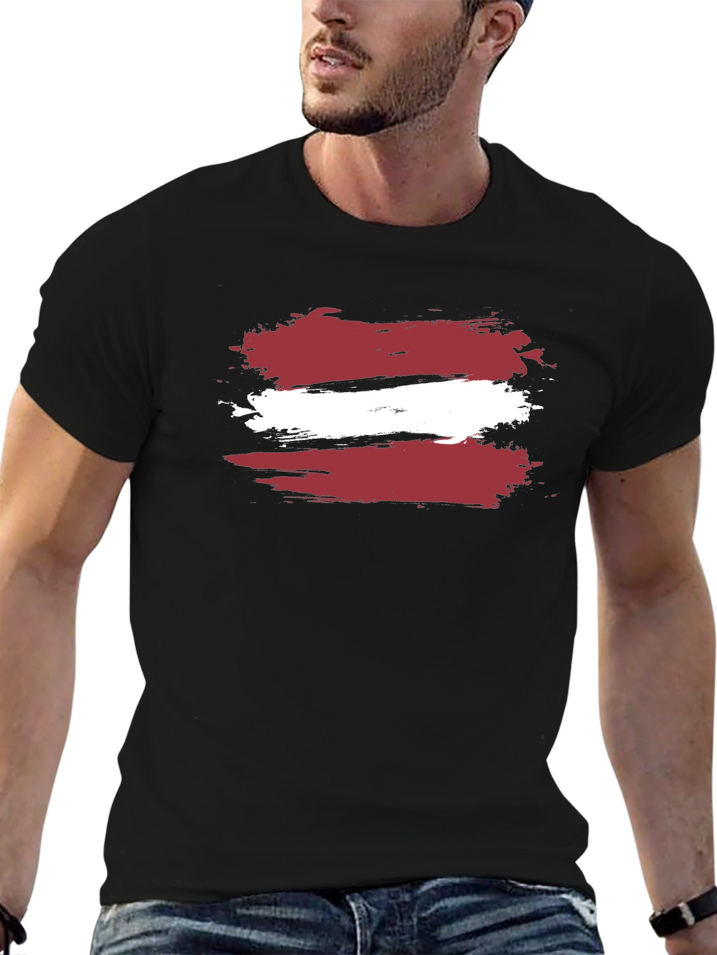 Latvia Flag Brushstroke T-Shirt - Black Casual Style