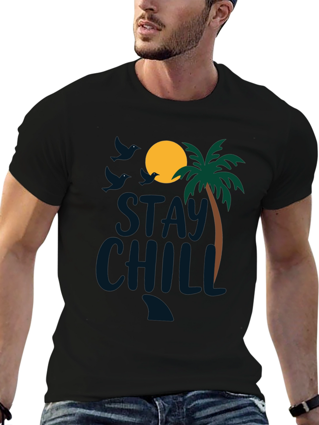 Stay Chill Beach Tee: Tropical Palm Graphic Black T-Shirt