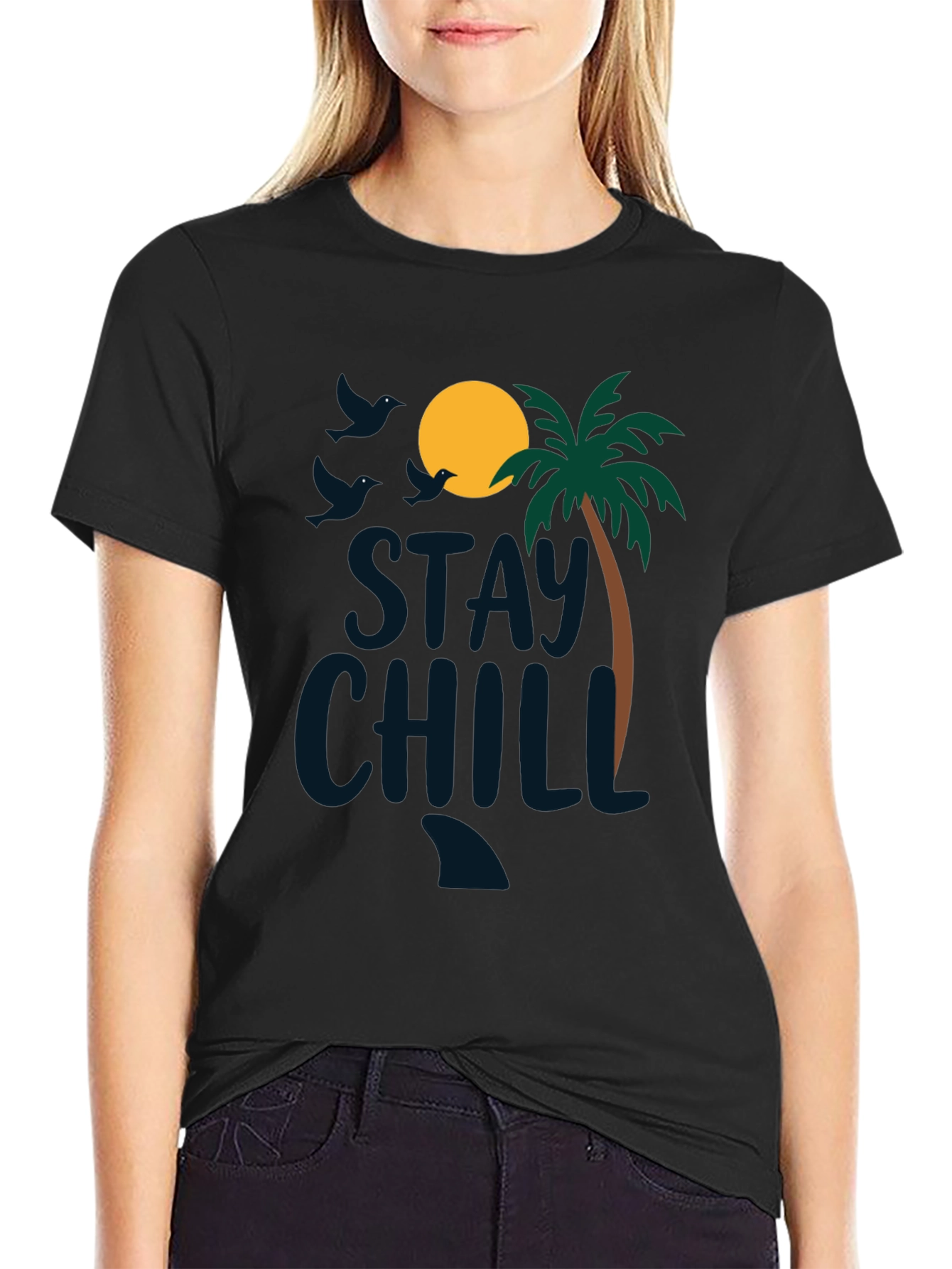Stay Chill Beach Tee: Tropical Palm Graphic Black T-Shirt
