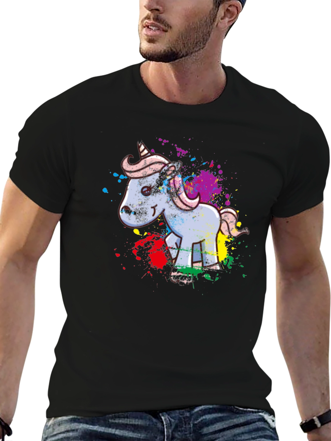 Unicorn Splatter Graphic T-Shirt - Black Cotton Tee