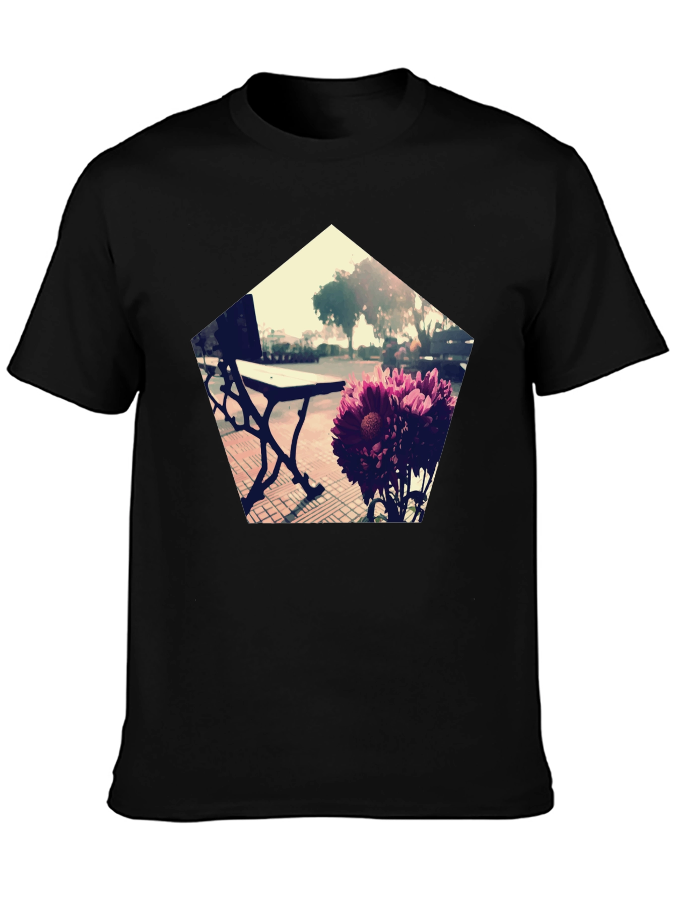 Modern Floral Bench Graphic Tee - Black Cotton Blend