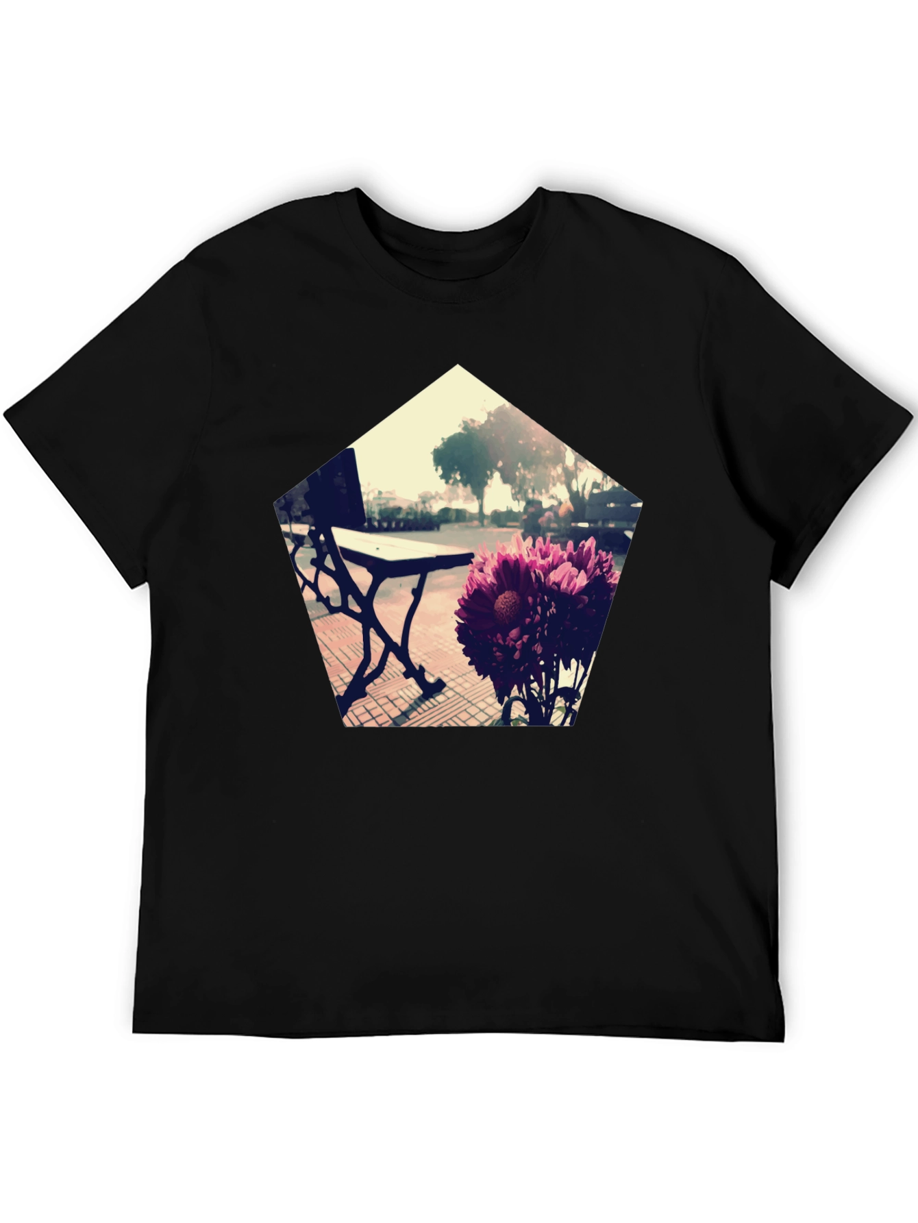 Modern Floral Bench Graphic Tee - Black Cotton Blend