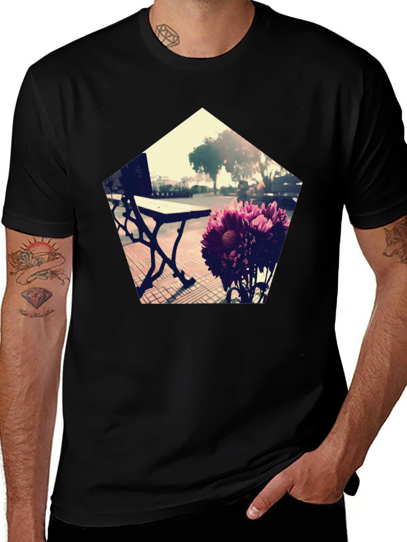 Modern Floral Bench Graphic Tee - Black Cotton Blend