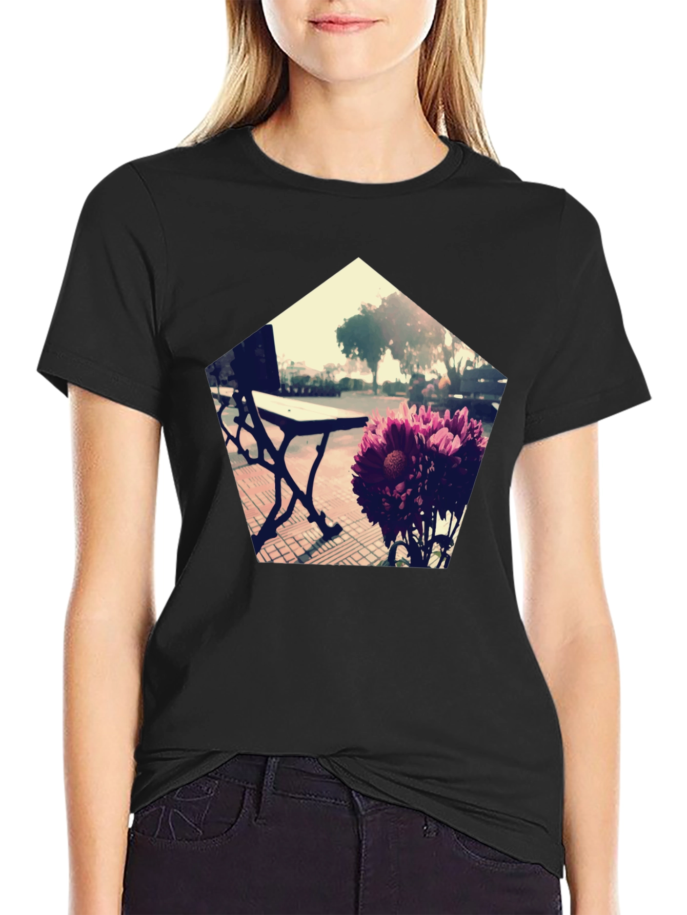 Modern Floral Bench Graphic Tee - Black Cotton Blend