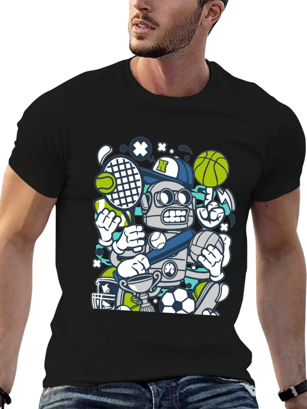 Sports Robot Graphic T-Shirt - Cool Design