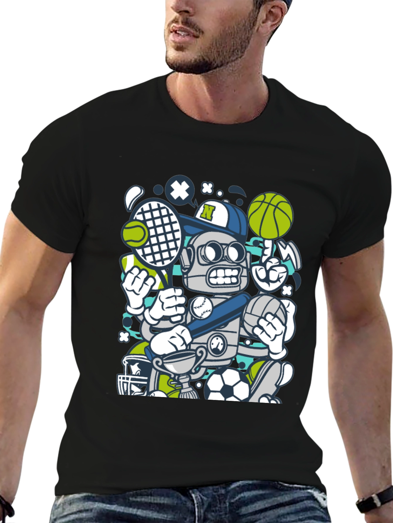 Sports Robot Graphic T-Shirt - Cool Design