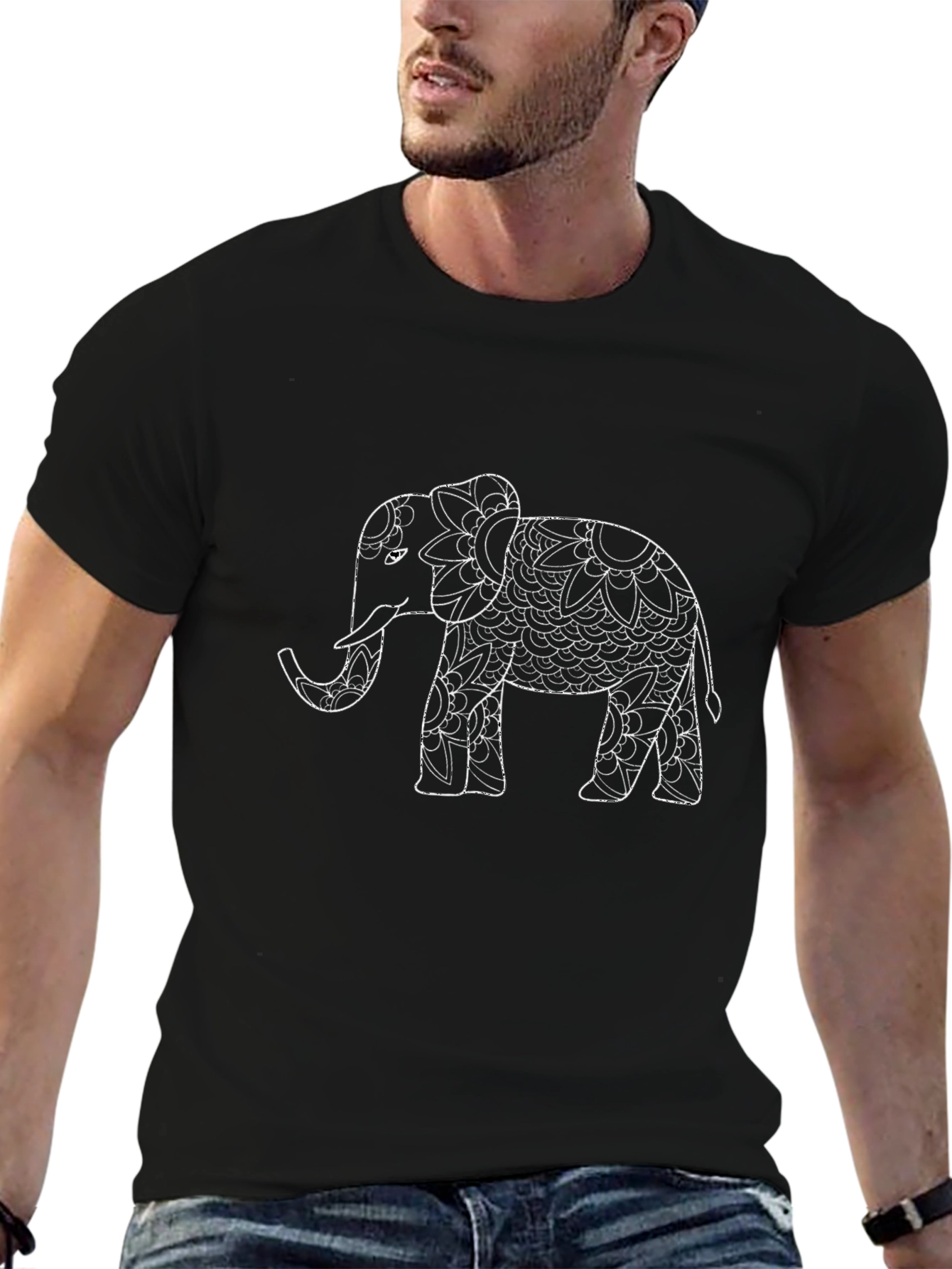 Elephant Mandala Print Black T-Shirt