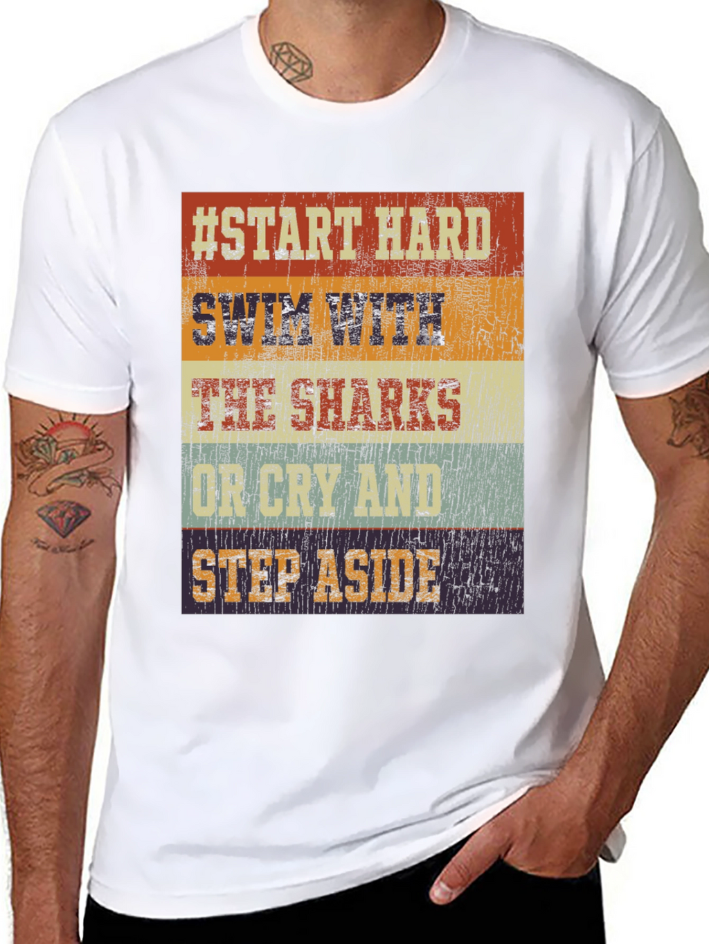 Start Hard Swim Sharks T-Shirt - Retro Design