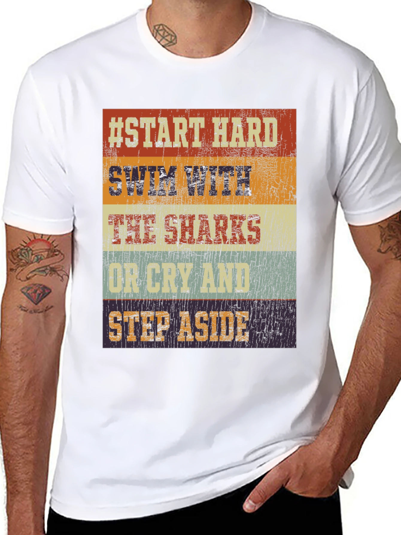 Start Hard Swim Sharks T-Shirt - Retro Design