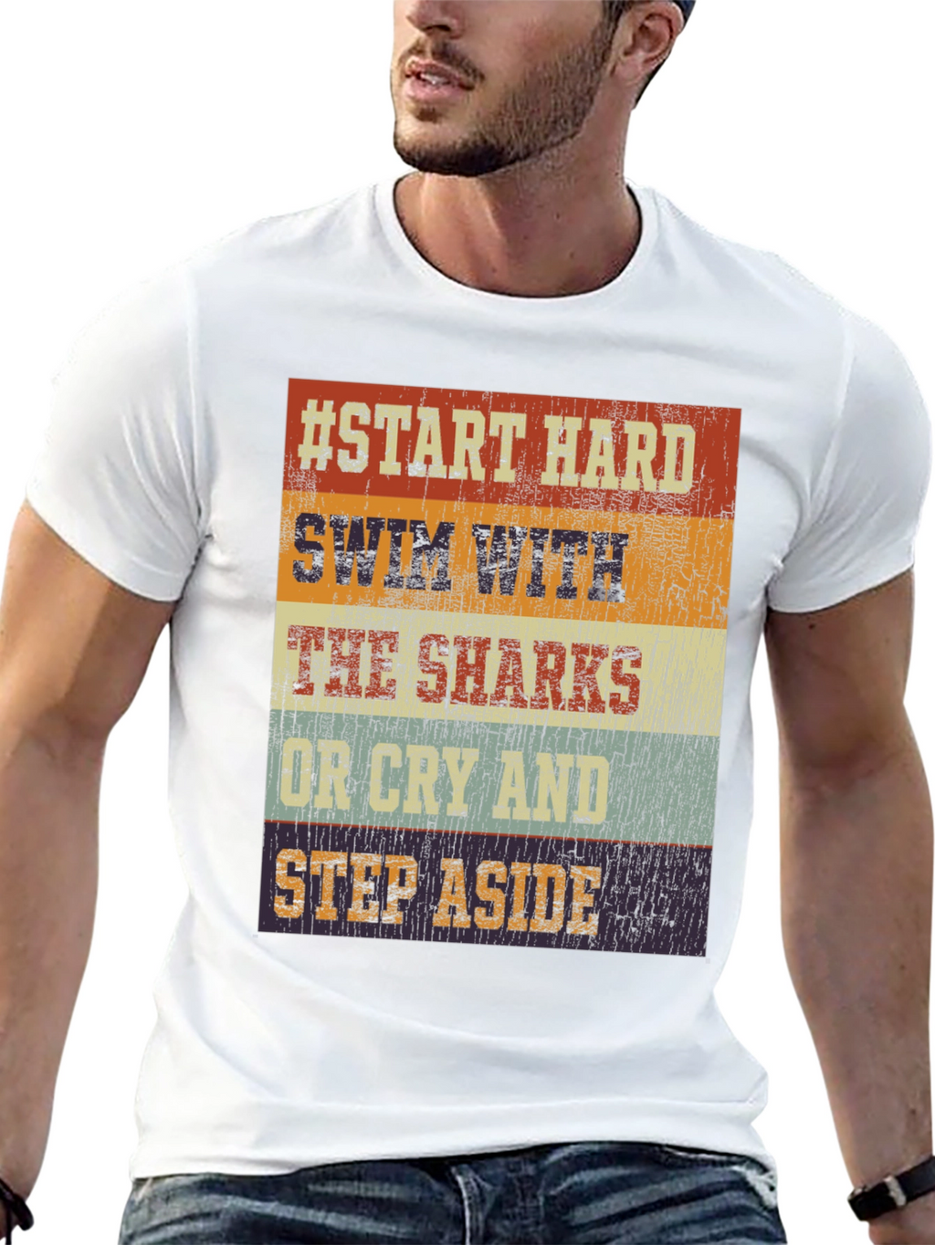 Start Hard Swim Sharks T-Shirt - Retro Design