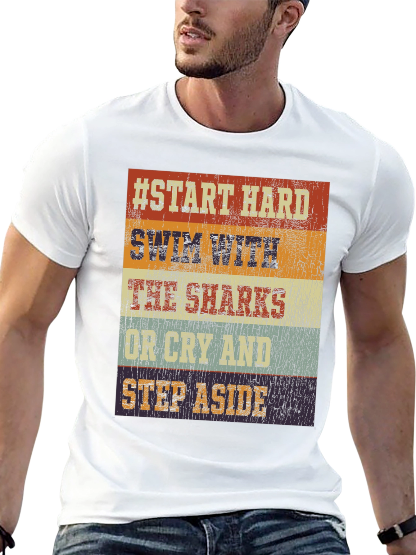 Start Hard Swim Sharks T-Shirt - Retro Design