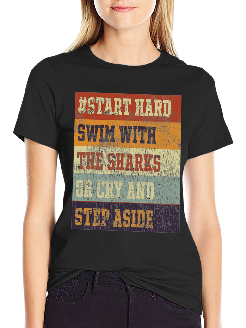 Start Hard Swim Sharks T-Shirt - Retro Design