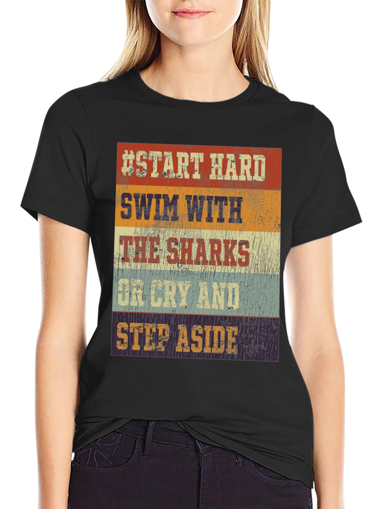 Start Hard Swim Sharks T-Shirt - Retro Design