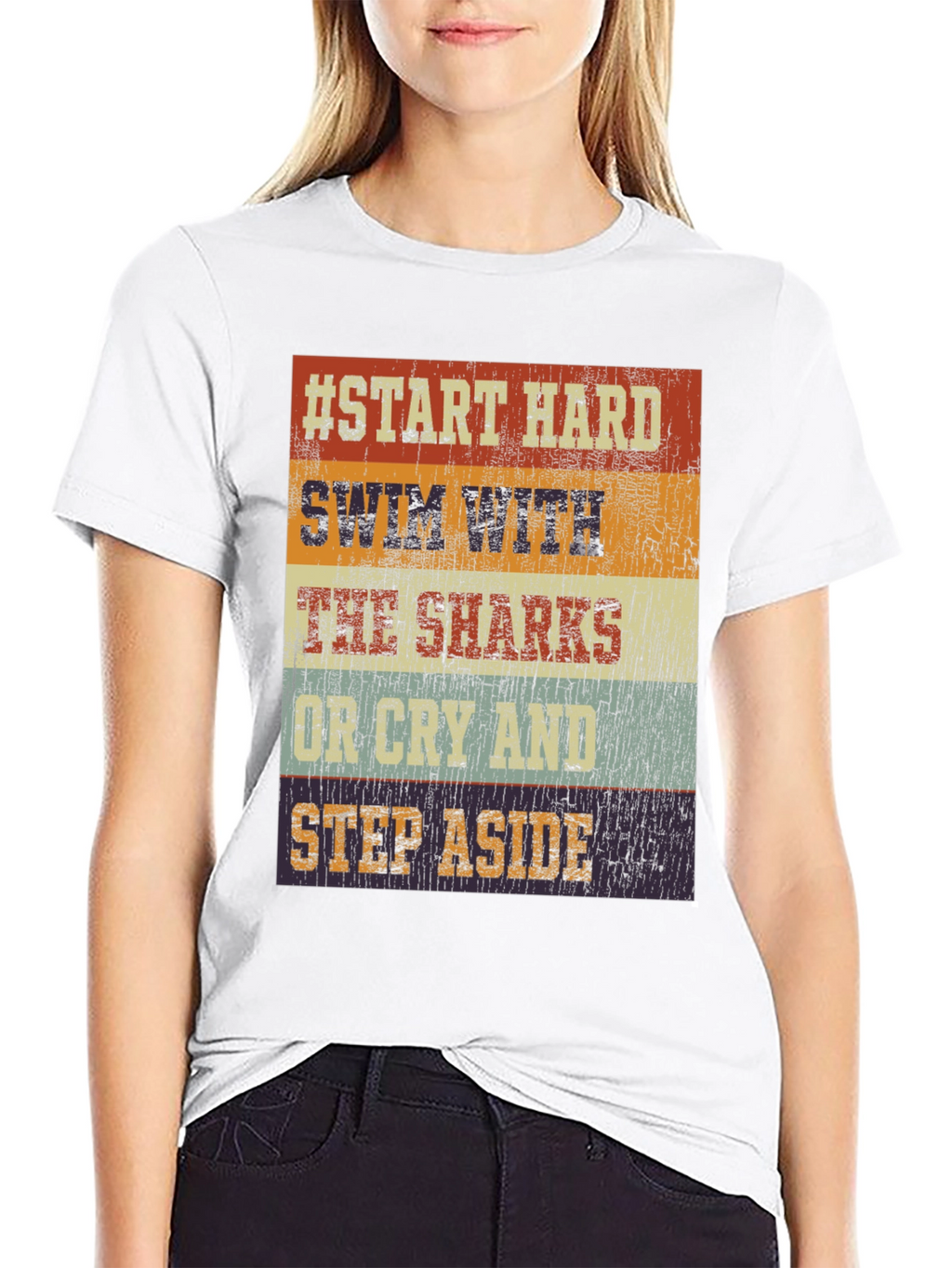 Start Hard Swim Sharks T-Shirt - Retro Design