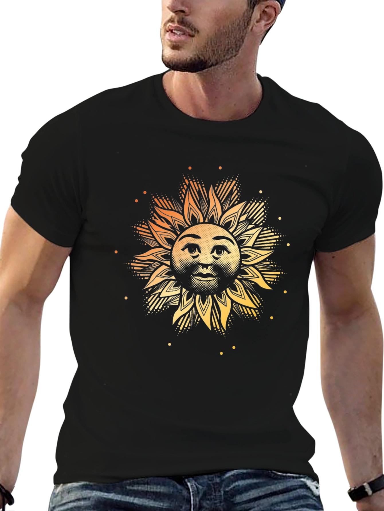 Sun Face Graphic Print Black T-Shirt