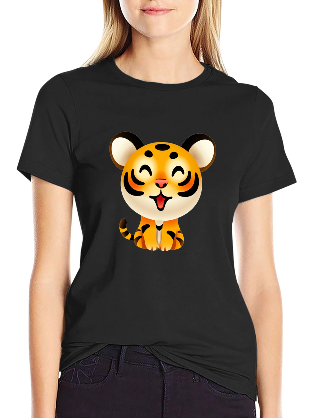 Cute Cartoon Tiger Graphic Tee - Black