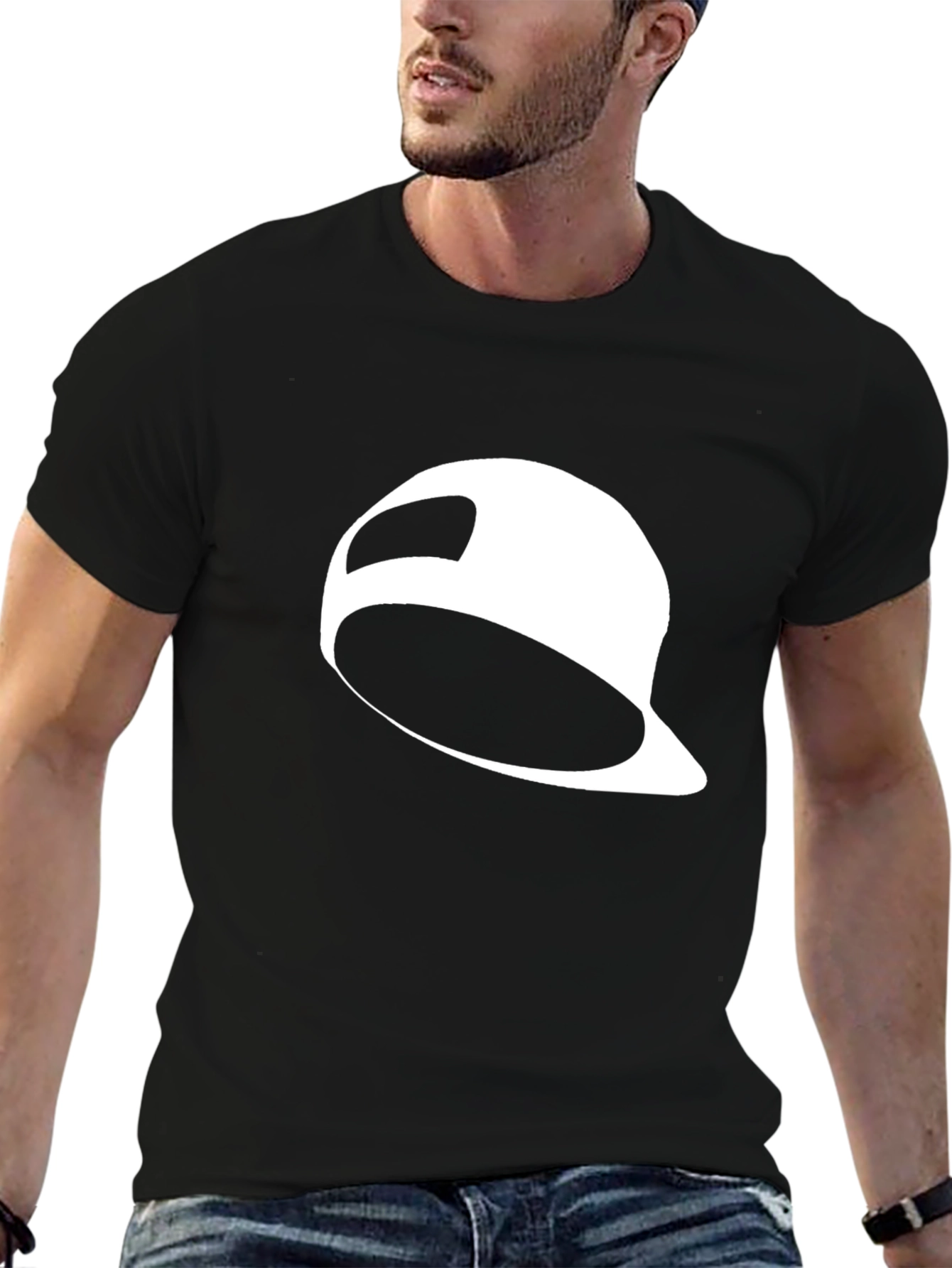 Black T-Shirt with White Baseball Cap Graphic