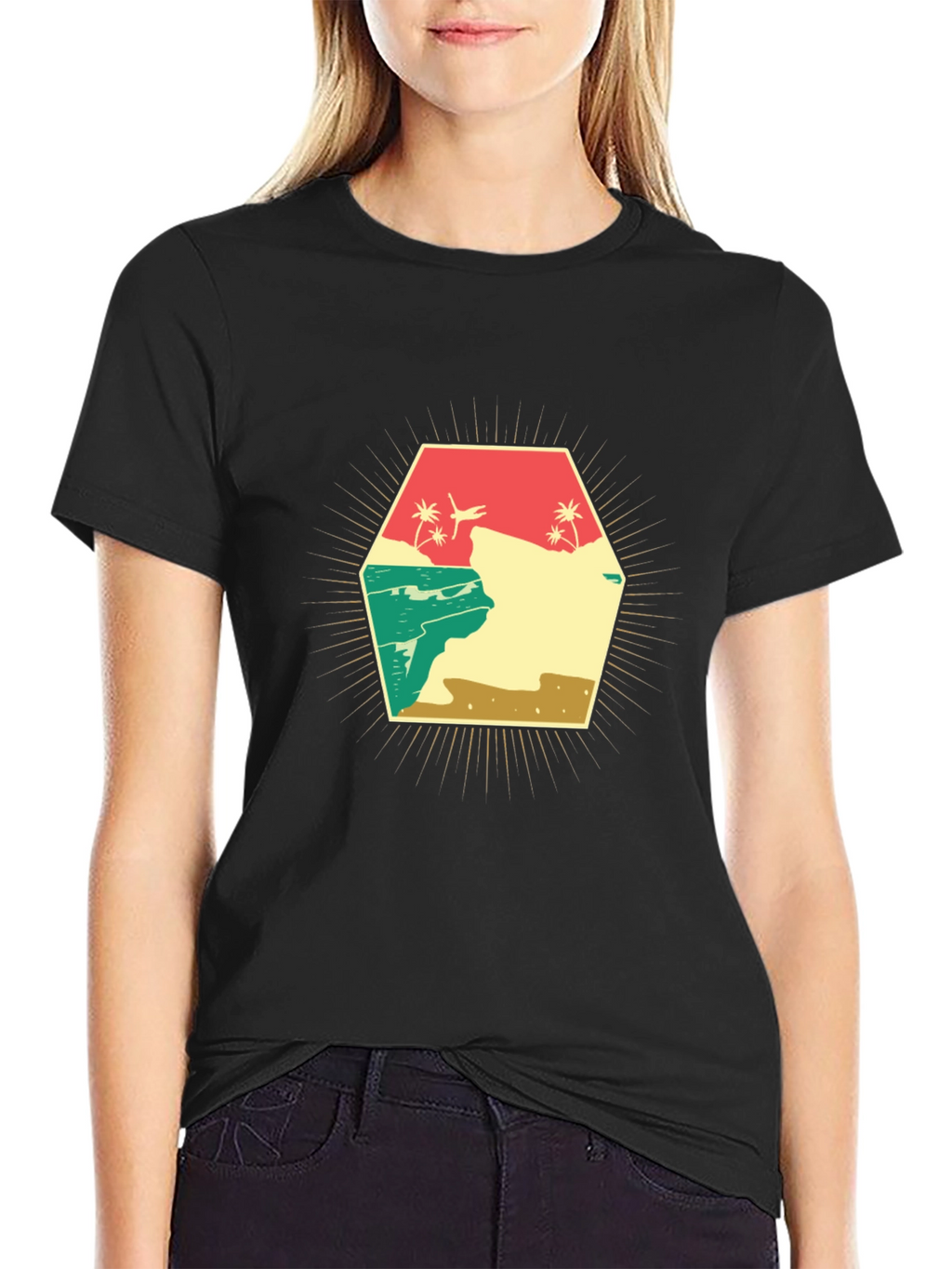 Retro Beach Scene Graphic T-Shirt - Black