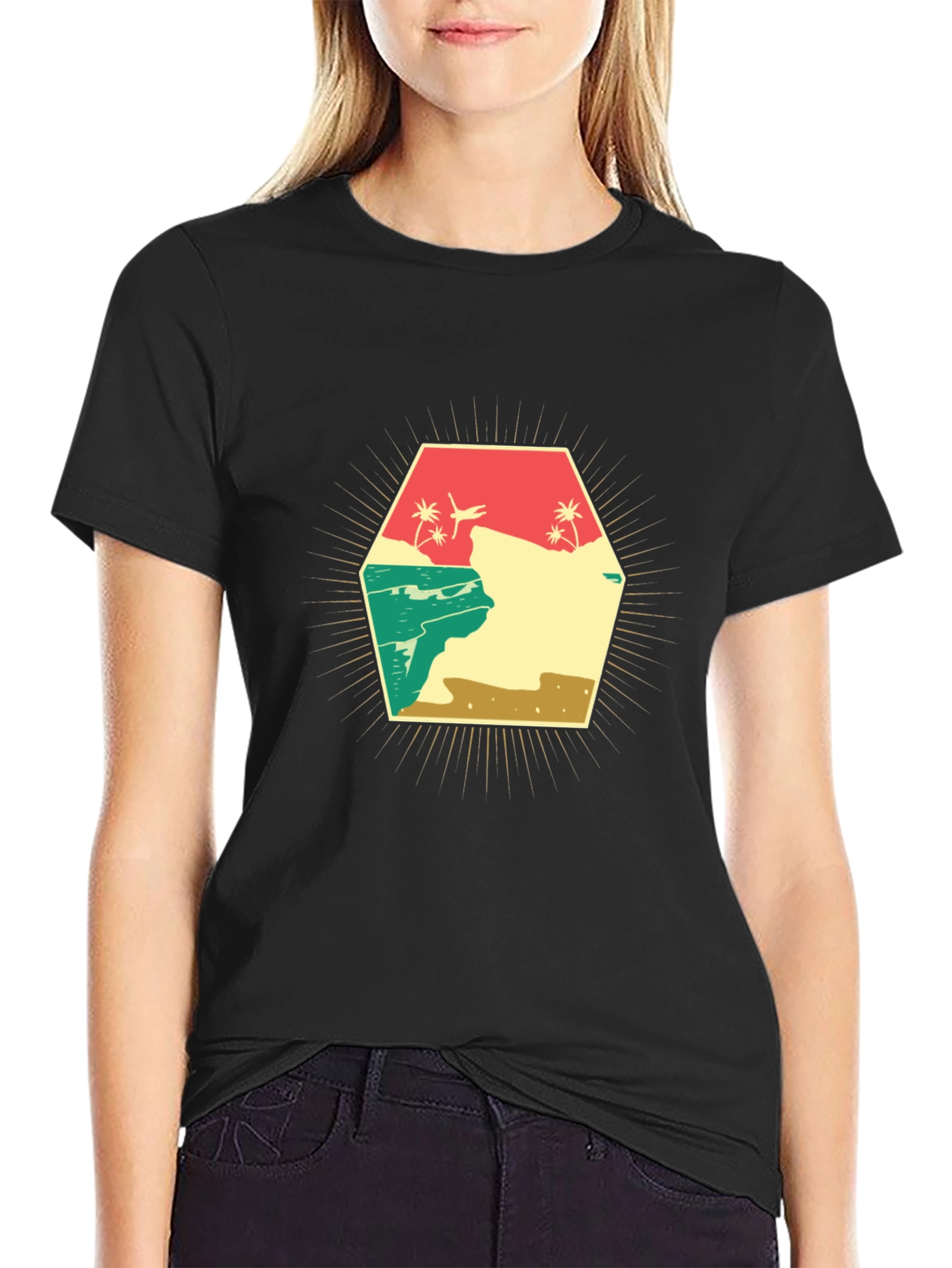 Retro Beach Scene Graphic T-Shirt - Black