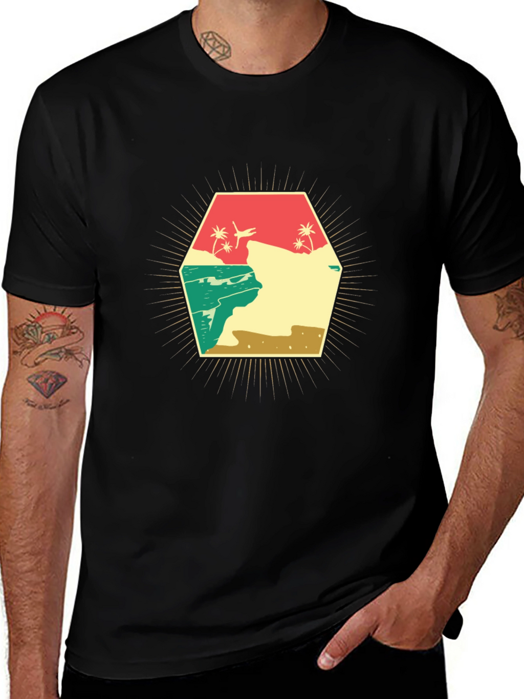 Retro Beach Scene Graphic T-Shirt - Black