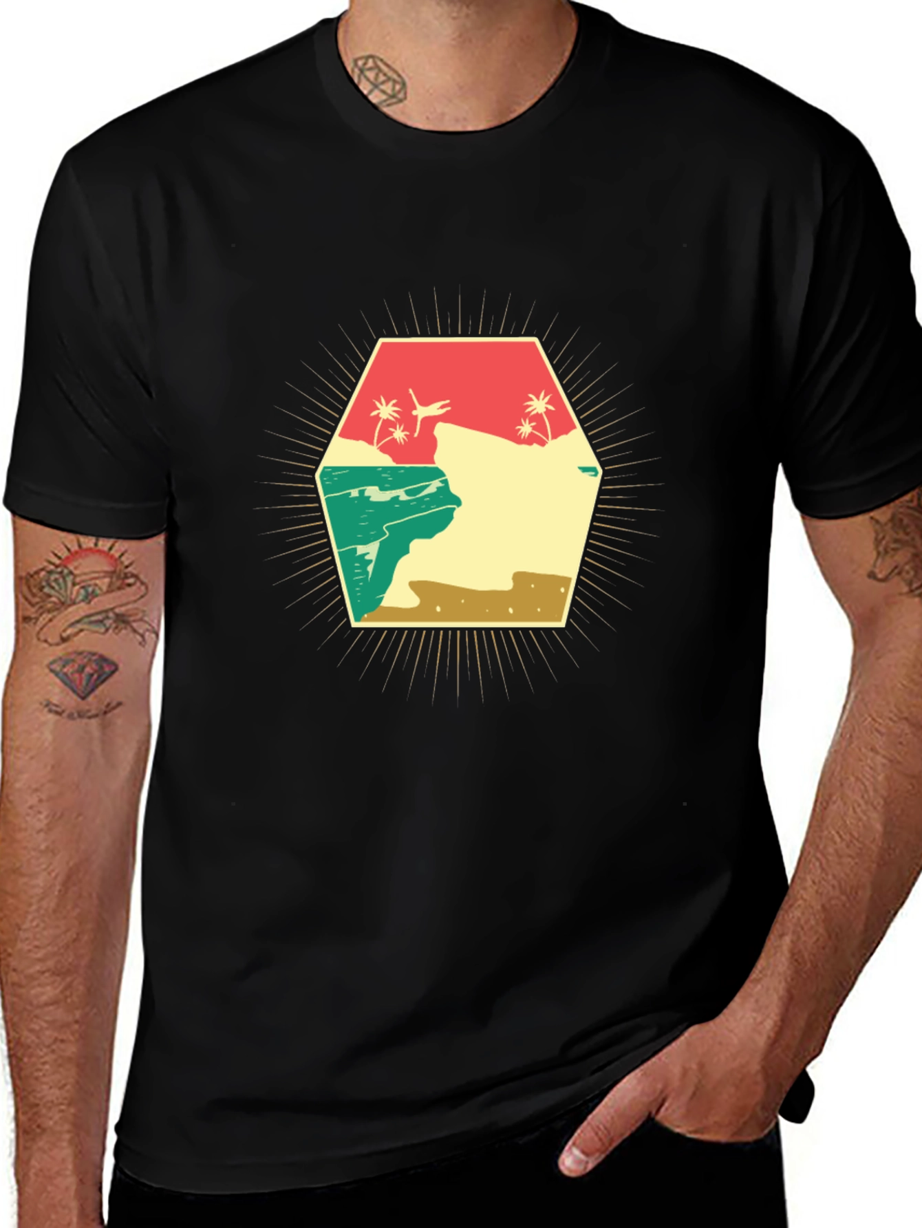 Retro Beach Scene Graphic T-Shirt - Black