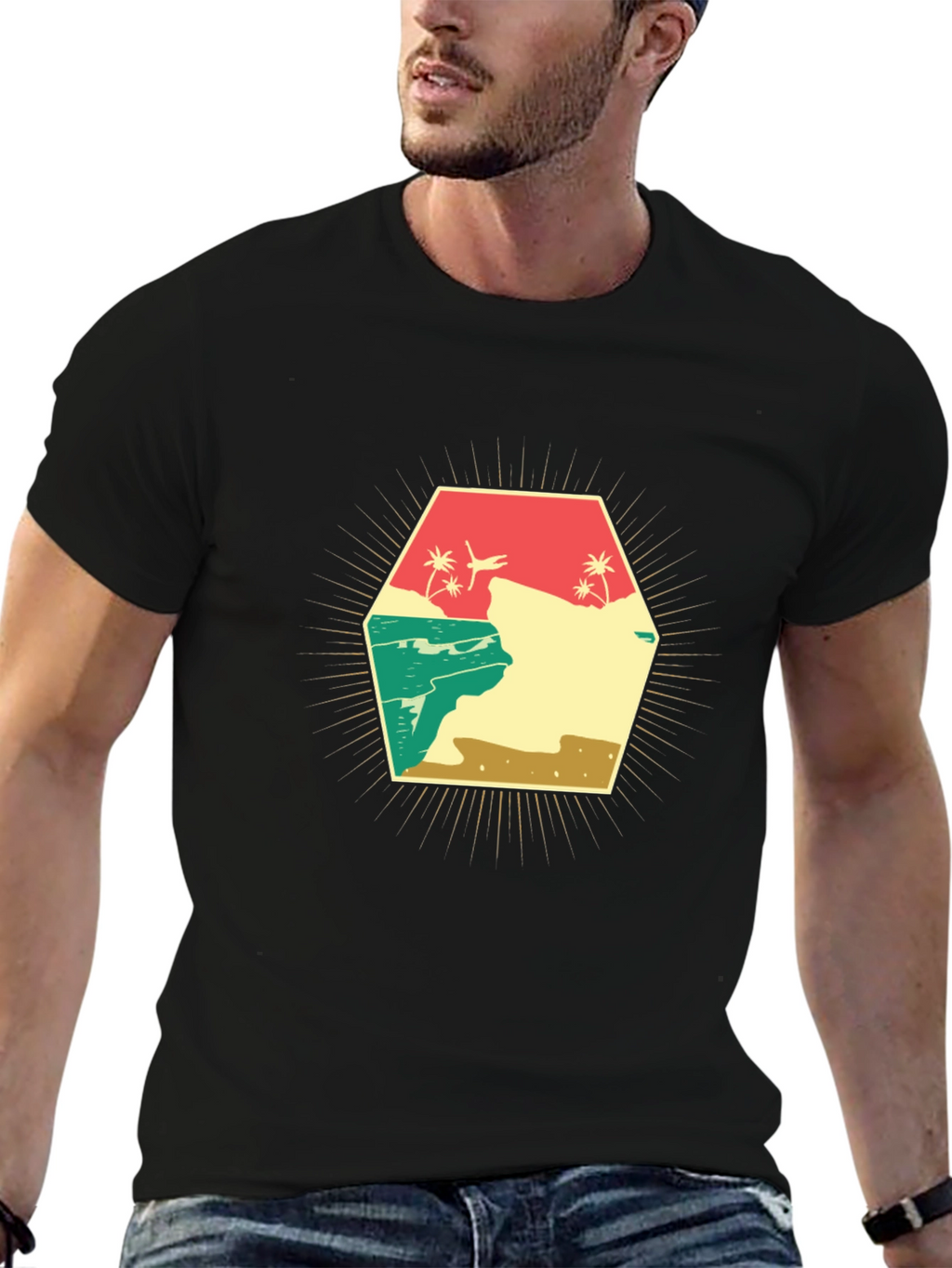 Retro Beach Scene Graphic T-Shirt - Black