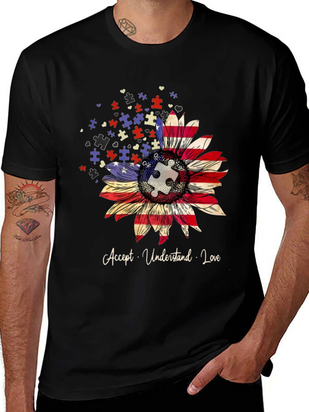 Autism Awareness US Flag Sunflower T-Shirt