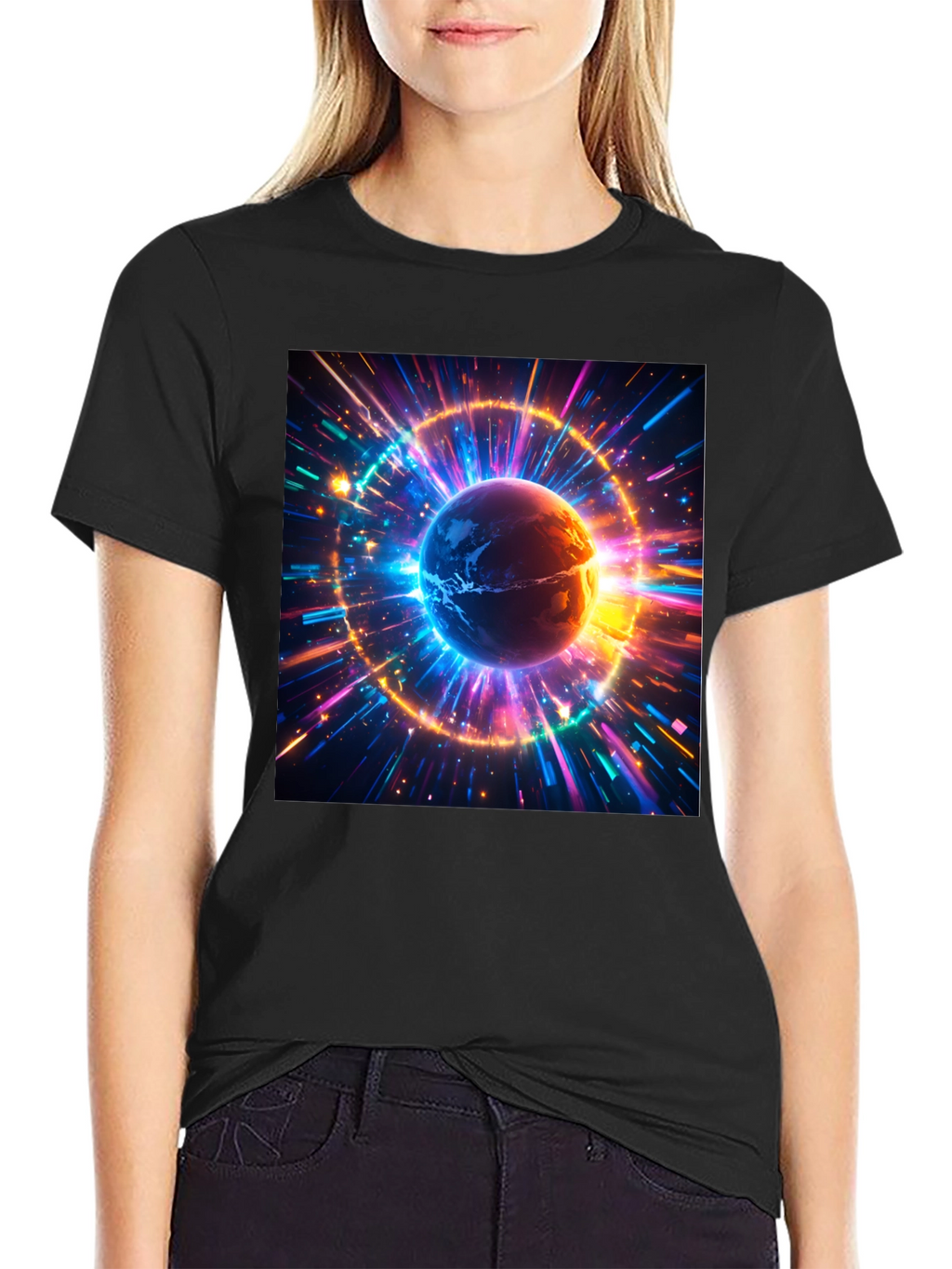 Cosmic Earth Graphic Tee - Stylish Black Cotton T-Shirt