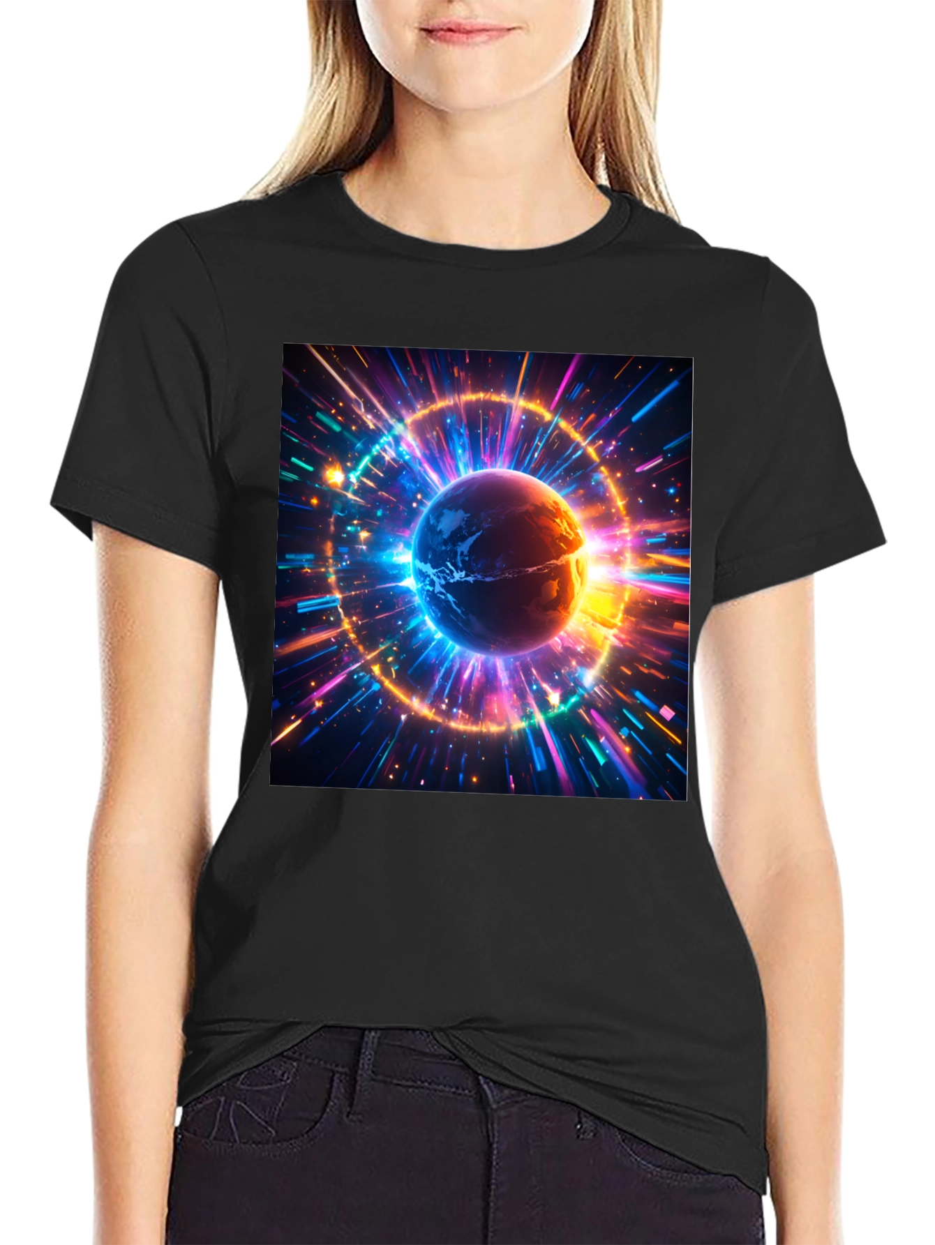 Cosmic Earth Graphic Tee - Stylish Black Cotton T-Shirt
