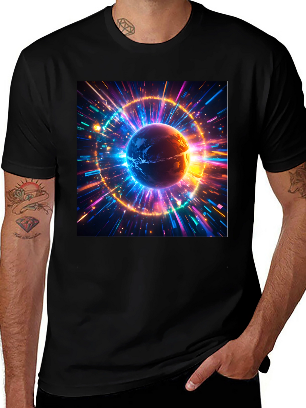 Cosmic Earth Graphic Tee - Stylish Black Cotton T-Shirt