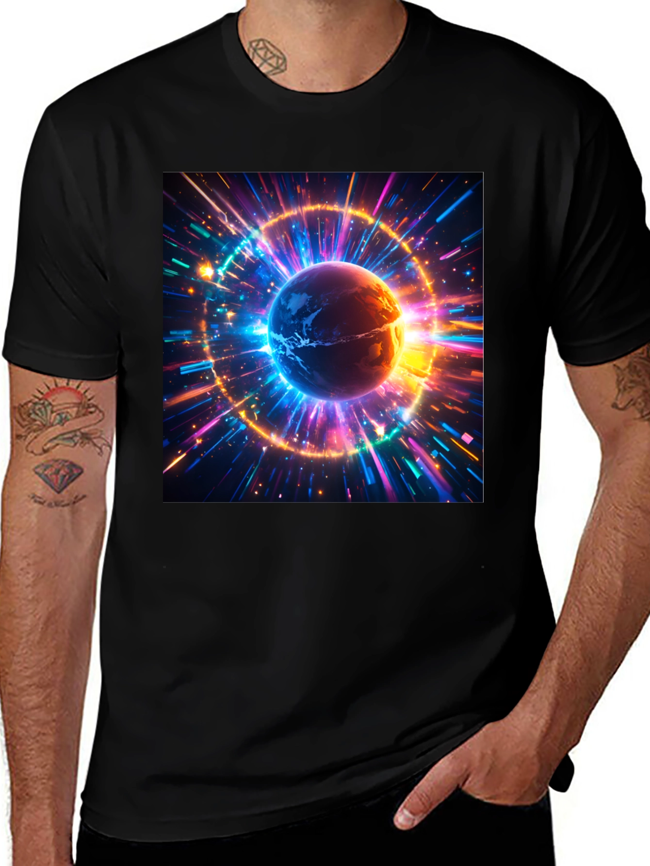Cosmic Earth Graphic Tee - Stylish Black Cotton T-Shirt