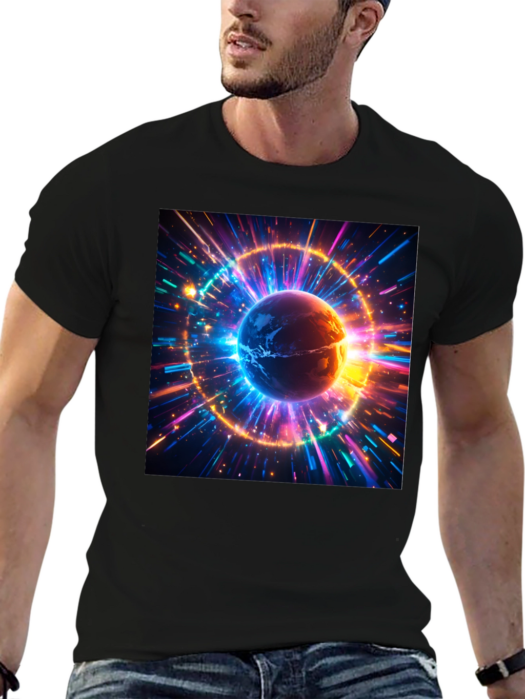 Cosmic Earth Graphic Tee - Stylish Black Cotton T-Shirt