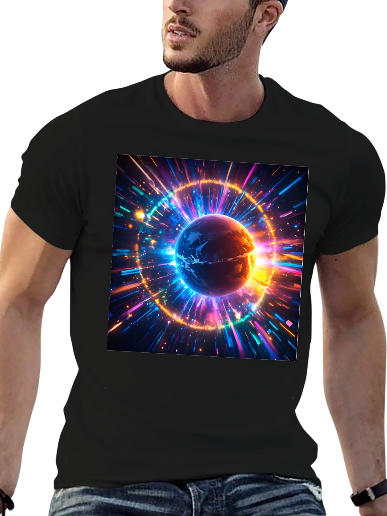 Cosmic Earth Graphic Tee - Stylish Black Cotton T-Shirt