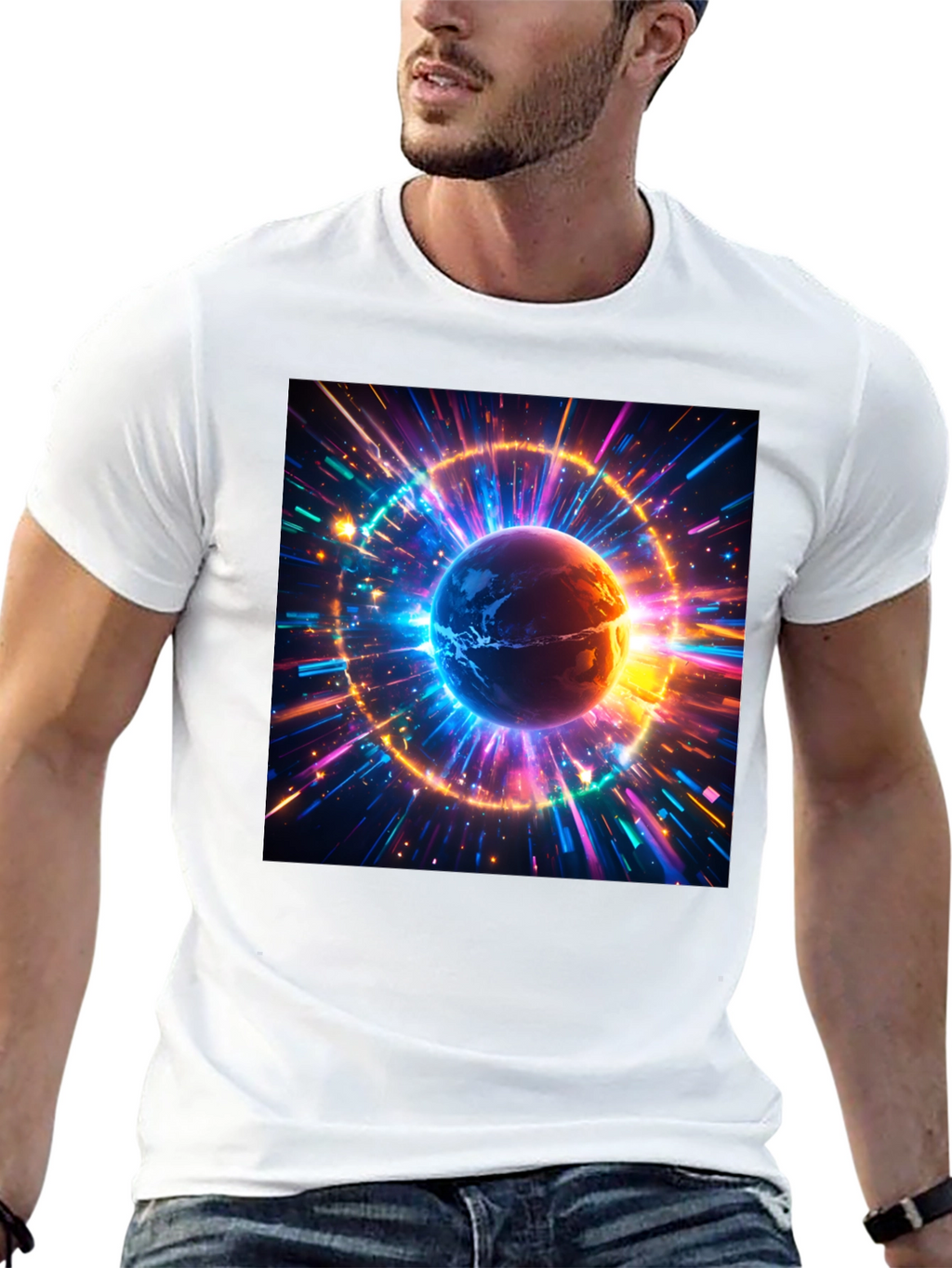 Cosmic Earth Graphic Tee - Stylish Black Cotton T-Shirt
