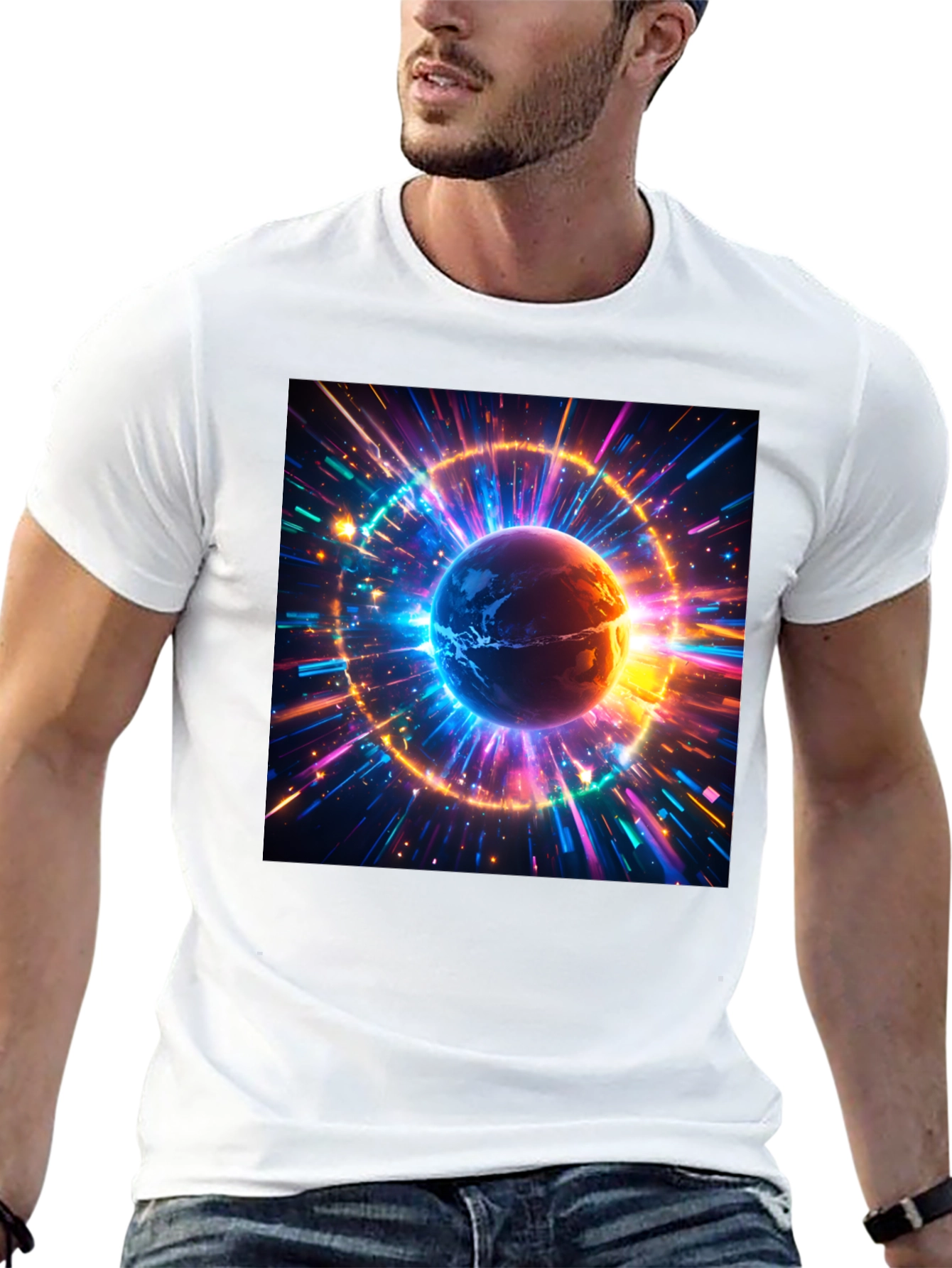 Cosmic Earth Graphic Tee - Stylish Black Cotton T-Shirt