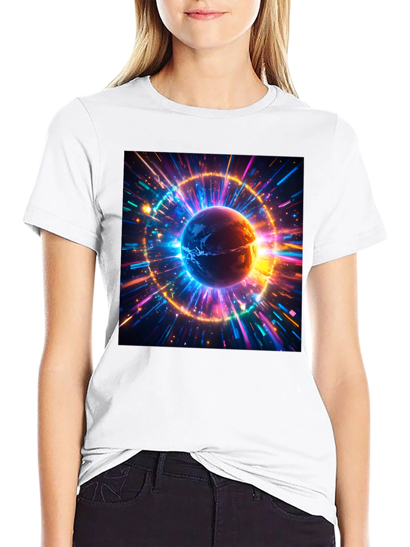 Cosmic Earth Graphic Tee - Stylish Black Cotton T-Shirt